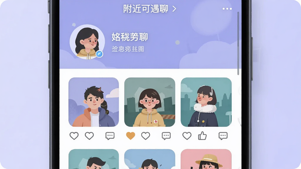 ����Ϊ�����������ġ�������ҳ�붯̬�����棬�ֻ���Ļ�ϰ벿����ʾ�û�ͷ���ǳƺ�ǩ�����°벿��Ϊ����״��̬ͼƬǽ��ÿ��ͼƬ�·��е��޺�����ͼ�ꡣ����Ϊ����ɫ���䣬���Ϊ��ƽ���罻Ӧ�ò廭��ϸ����ͷ��Բ��ͼƬǽ���롢ͼ���࣬�����������޶���װ�Ρ�
