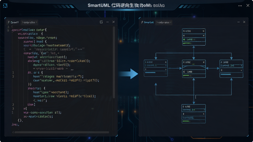 һ��չʾSmartUML�����������ɹ��ܵ�ʾ��ͼ�����������ʾһ��JavaԴ�����ļ����Ҳ���ʾ�ɸô����Զ����ɵ�UML��ͼ�ṹ����ͷ��������ָ���Ҳ���ͼ����ʾת����ϵ��������Ϊ�Ƽ���ʮ�����ɫ���⣬�����������﷨��������ͼ�����������������廭��ɾ����䣬ͻ��������ͼ��֮���ӳ���ϵ�����ʸ��壬�޶���װ��Ԫ�ء�