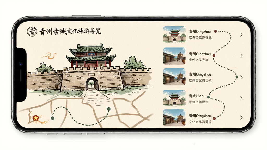 ����Qingzhou�����Ļ����ε�������ͼ������չʾ�ֻ���Ļ�г������ݹųǵ��ֻ��ͼ�뾰���б�������Ϊ����ͼ�Ҳ��б��Ļ���Ű棬���Ϊ�������շ磬ϸ���ϰ������ݹų���¥�廭������·�����߱�ʶ������ϸ�壬����ɾ����޶������ֶ���