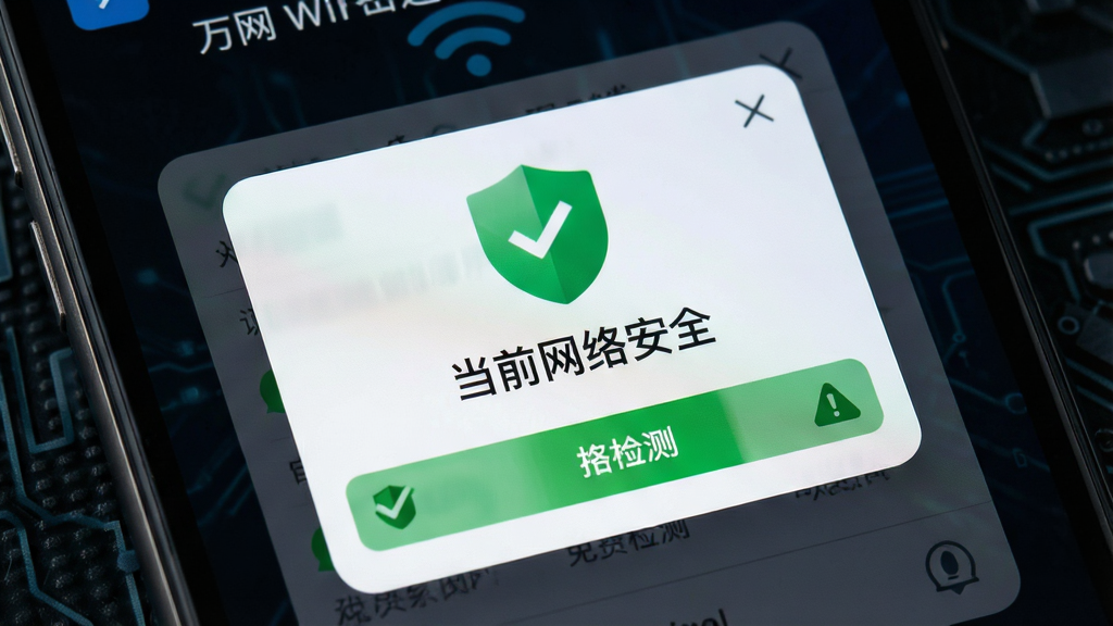 һ���ֻ���ȫ��������д������������WiFi�����������������ȫ��ʾ����ʾ����ǰ���簲ȫ����ɫ��ʶ�����ͼ�꣬����Ϊ��ɫ�Ƽ�����������ͻ����ȫ��ⵯ�������־��У����ΪдʵUI���ϸ�ڰ������ơ���ѡ��ǡ�����ͼ�꣬���ʸ��壬�ɾ����޶���Ԫ��