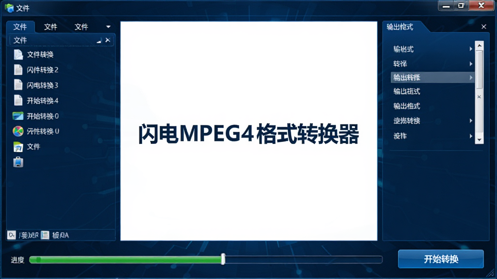 ����������ȫ��չʾ���������ǡ�����MPEG4��ʽת�������ı������֣����Ϊ�ļ��б������Ҳ�Ϊ�����ʽѡ����壬�·��ǽ������Ϳ�ʼת����ť�������������ɫ�Ƽ���񣬽���ɾ����࣬�޶���װ��Ԫ�أ����廭�ʣ���Ļ��ͼ���