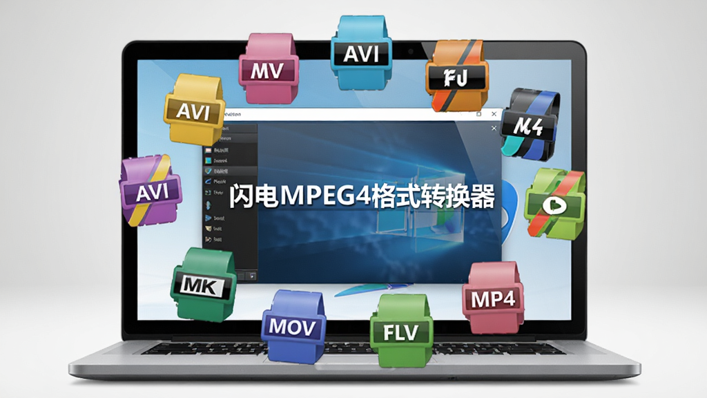 һ̨�ʼǱ�������Ļ����ʾ������MPEG4��ʽת�������������棬��Ļǰ��Ư����AVI��MKV��MOV��FLV��MP4�ȶ�����Ƶ��ʽ�Ĳ�ɫͼ�꣬ͼ��Χ���������Ƴʻ������У�����Ϊǳ��ɫ���䣬������ִ������廭�ʣ��ɾ��޶���Ԫ��