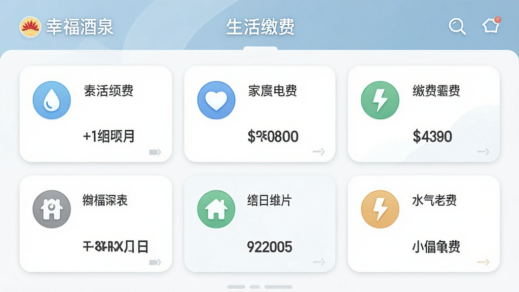 һ��AI��ͼ������չʾ���Ҹ���Ȫ��Ӧ�õ�����ɷѽ��棬����ˮ�����Ƚɷ���Ŀ��Ƭ��ÿ�ſ�Ƭ��ͼ��ͽ��������룬�����ˬ���ţ�ϸ�ھ��£����ʸ��壬�ɾ����޶���Ԫ��
