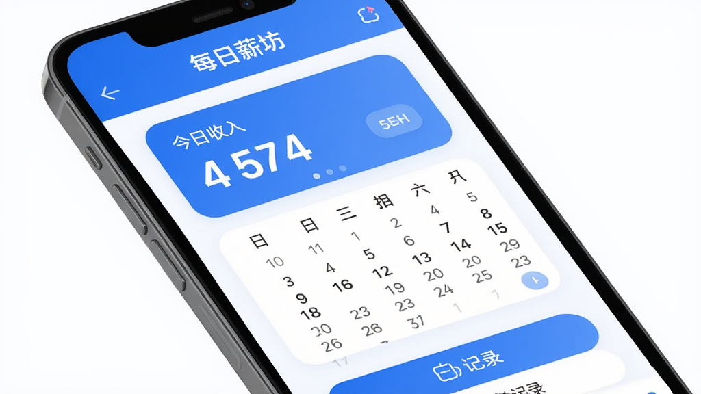������һ���ֻ���Ļ����Ļ����ʾÿ��н��APP����ҳ���棬����Ϊ����������д��ÿ��н�����м��ǽ������뿨Ƭ��������ͼ���·��Ǽ�¼��ť���Ű������������Ϊ�ִ���ƽ����ƣ�ϸ�ڰ�����ɫ��ɫ����Բ�ǿ�Ƭ�����������ɼ������ʸ��壬�ɾ����޶���Ԫ��