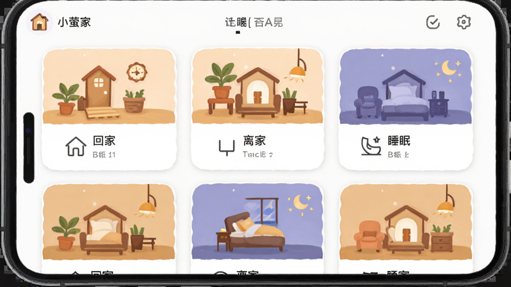 ������Сө��APP�����༭���棬����Ϊ�ֻ���Ļ��ʾ������Ƭ�б����Ű�Ϊ��Ƭʽ���֣����Ϊ��ܰ�ҾӲ廭�磬ϸ�ڰ����ؼҡ���ҡ�˯�ߵȳ���ͼ�꣬ůɫ����׺�����������ɾ����޶���Ԫ�ء�
