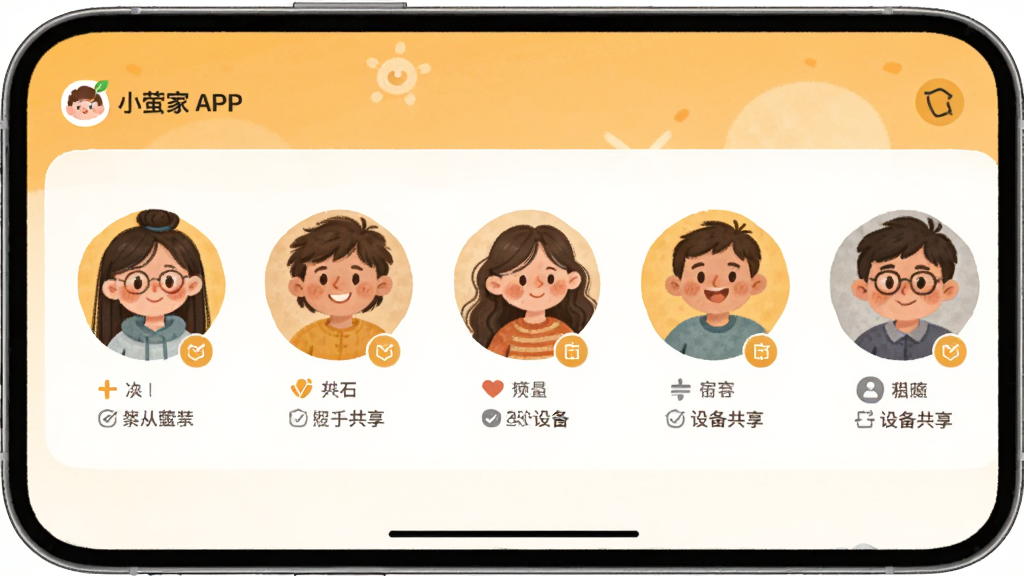 ������Сө��APP��ͥ�������棬����Ϊ�ֻ���Ļ��ʾ��ͥ��Աͷ���б����Ű�Ϊ�������У����Ϊ��ܰ��ͥ�廭�磬ϸ�ڰ�������ͷ��Ȩ��ͼ�ꡢ�豸������ʶ��ůɫ���������������ɾ����޶���Ԫ�ء�
