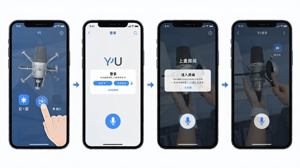 YU���� �ƶ���ʹ�ò�������ʾ��ͼ������Ϊ�ֻ���Ļ�ֲ�չʾ��װ����¼�����뷿�䡢�������ĸ����棬����Ϊ�ĸ����У��Ű���������εݽ������Ϊ������˵Ľ̳̲廭��ϸ�ڰ�����ָ���ͼ�ꡢȨ�޵�������˷簴ť�����ʸ��壬�ɾ����޶���Ԫ��