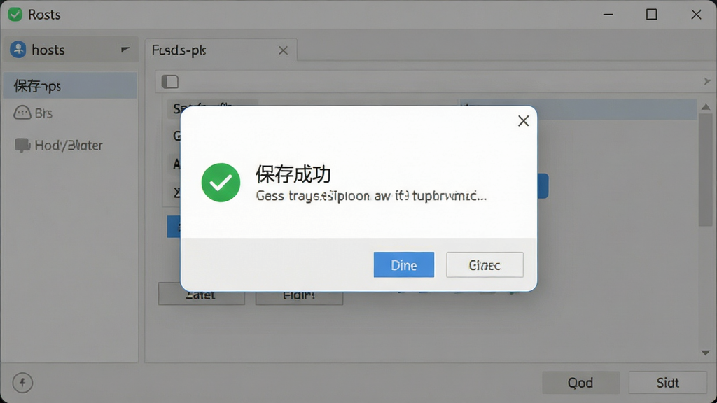 一张软件操作界面截图,主体是hosts编辑工具的保存确认弹窗,布局居中显示,排版清晰,风格为简约商务风,细节包含“保存成功”提示文字与绿色对勾图标,画质清晰,界面干净,无多余元素