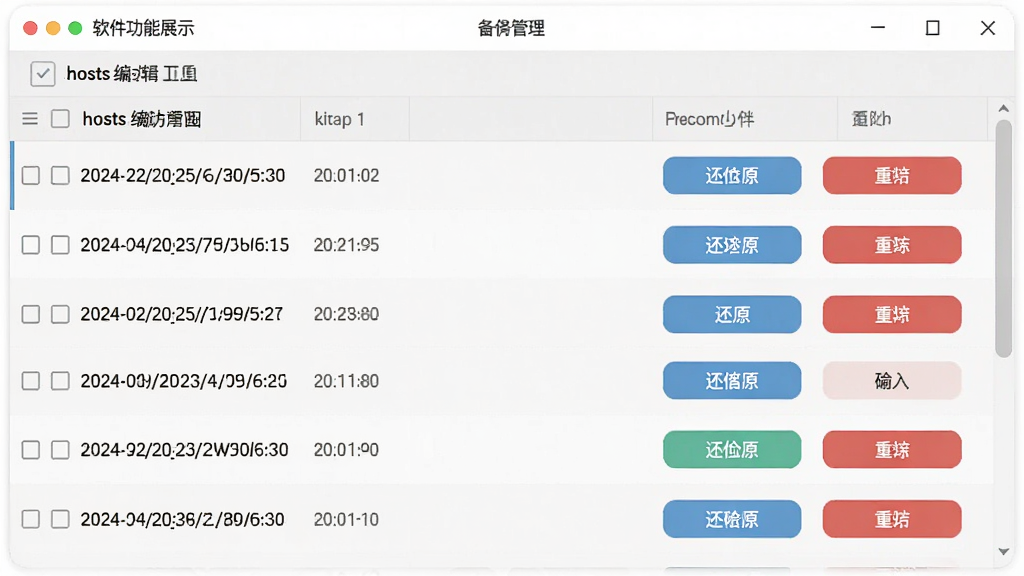 一张软件功能展示图,主体是hosts编辑工具的备份管理界面,布局为列表形式,排版整齐,风格为浅色极简风,细节包含多个备份时间点、还原按钮、删除按钮,画质清晰,界面干净,无多余元素