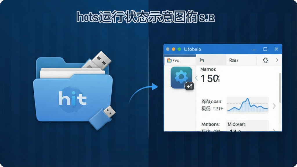 一张软件运行状态示意图,主体是hosts编辑工具在U盘中的文件夹图标与运行界面,布局为左右对比,排版直观,风格为科技蓝调,细节包含U盘图标、软件图标、内存占用极低的标签,画质清晰,界面干净,无多余元素