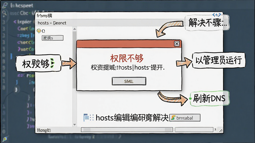 一张电脑屏幕录制示意图,主体是hosts编辑工具的错误提示弹窗与解决步骤箭头,布局为从上到下,排版清晰,风格为手绘说明风,细节包含“权限不够”、“以管理员运行”、“刷新DNS”等文字标签,画质清晰,画面干净,无多余元素