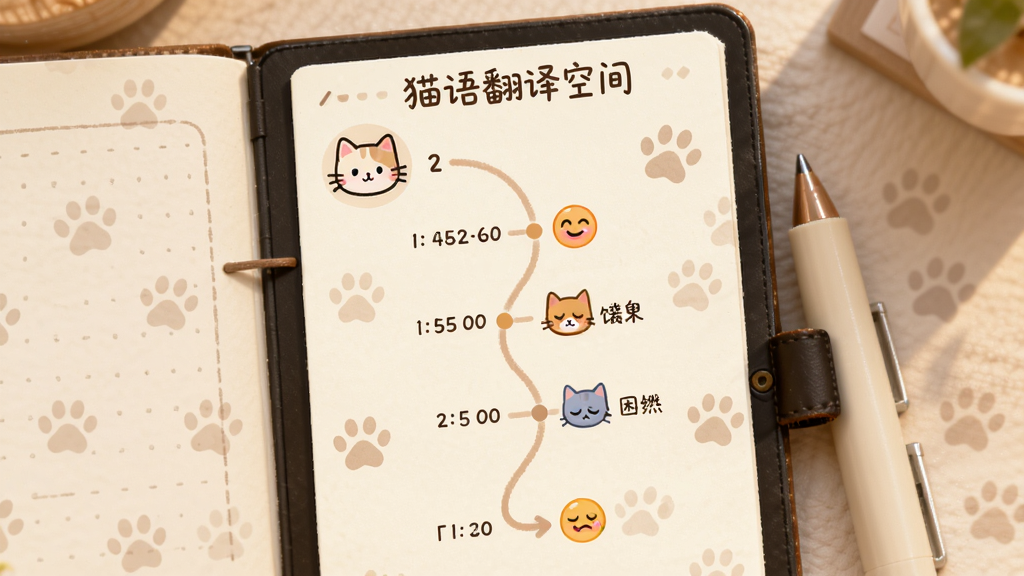 ����������һ�������ռǱ���ʽ�Ľ��棬ҳ������è��ͷ���ʱ���ᣬʱ�����ϱ�ע��ͬʱ��������ͼ�ꣻ����Ϊ����չʾ�������е�����èצӡͼ�����Ű�Ϊ���棬����д��è�﷭��ռ䣻���Ϊ��ܰ���˷磬�׻�ɫ����ϸ��������ͼ��������ġ�����������ȣ�ʱ����������ͣ����ʸ��塢�ɾ����޶���Ԫ��