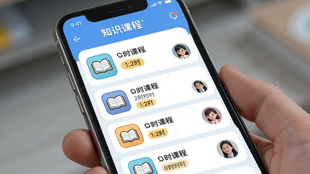 һ��չʾ����õ�֪ʶ����App���Ķ��γ̽����AI��ͼ���������ֻ���Ļ��ʾ�γ̿�Ƭ�б�������Ϊ����������Ű����룬���Ϊ���¿�ͨ��ϸ�ڰ����鱾ͼ�ꡢ�γ�ʱ����ǩ����ʦͷ�񣬻��ʸ���ɾ����޶���Ԫ��