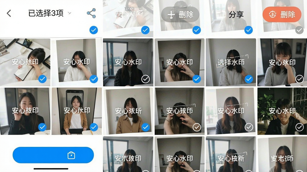 一张展示安心水印相机照片管理界面的手机截图,画面以网格形式排列着多张带有不同水印的照片缩略图,部分照片被勾选,屏幕顶部显示“已选择3项”和分享、删除按钮,手机背景是简洁的白色,布局采用正面平视角度,风格为现代移动应用界面展示风格,细节上体现网格间距均匀、勾选状态清晰、操作按钮颜色醒目,画质为高清,画面干净,无多余元素