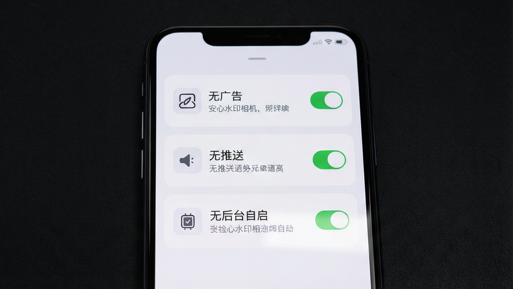 一张展示安心水印相机设置界面的手机截图,画面中可以看到“无广告”“无推送”“无后台自启”等选项开关处于开启状态,界面设计简洁,采用卡片式布局,每个设置项左侧有对应图标,手机放置在深色背景上,布局采用居中构图,风格为极简科技感UI展示风格,细节上体现开关按钮圆润、文字说明清晰、界面层次分明,画质为高清,画面干净,无多余元素