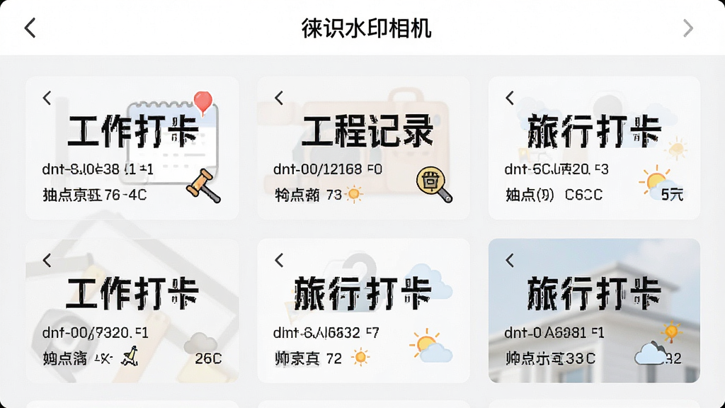 一张展示“徕识水印相机”水印模板选择界面的图片,画面中排列着多个水印样式卡片,分别标注“工作打卡”“工程记录”“旅行打卡”等字样,卡片上有时间、地点、天气等模拟信息,整体布局为网格状,风格清新简约,细节清晰,画质干净,无多余元素