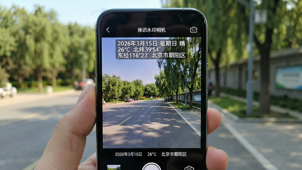 一张“徕识水印相机”拍摄界面的图片,画面中手机屏幕上显示正在拍摄的户外场景,水印区域清晰展示“2026年3月15日 星期日 晴 26℃ 北纬39°54′ 东经116°23′ 北京市朝阳区”等实时信息,布局为竖屏应用界面,风格写实,细节包含清晰的文字和数据,画质高清,干净无多余元素