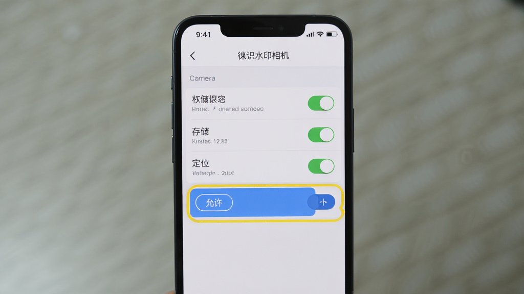 一张手机屏幕展示“徕识水印相机”权限设置界面的图片,画面中显示相机、存储、定位三个权限开关,其中定位权限被高亮标注,旁边有“允许”按钮,布局为竖屏应用设置界面,风格简洁,细节清晰,画质干净,无多余元素