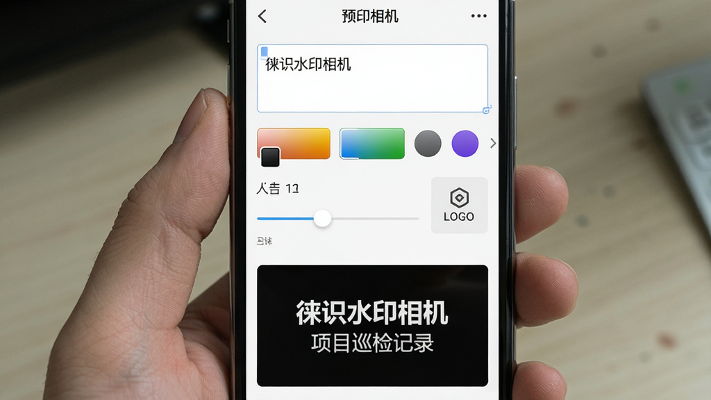 一张展示“徕识水印相机”自定义水印编辑界面的图片,画面中手机屏幕上显示文字编辑框、颜色选择器、字体大小滑块和Logo上传按钮,水印预览区显示“徕识水印相机 项目巡检记录”字样,整体布局为竖屏应用界面,风格简洁直观,细节清晰,画质干净,无多余元素