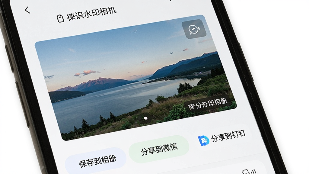 一张“徕识水印相机”照片保存与分享界面的图片,画面中手机屏幕上显示一张带有水印的风景照片,下方有“保存到相册”“分享到微信”“分享到钉钉”等按钮,布局为竖屏应用界面,风格清爽,细节包含清晰的按钮图标和文字,画质高清,无多余元素