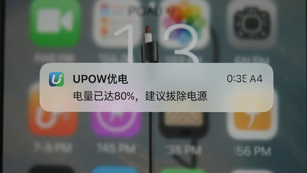 �����������ֻ��������浯����UPOW�ŵ硱�������֪ͨ��֪ͨ������ʾ�������Ѵ�80%������γ���Դ��������Ϊ����֪ͨ��Ƭ���У�����Ϊģ����ֽ���Ű�ͻ��֪ͨ��Ƭ�����Ϊ�ֻ�ϵͳдʵ�硣ϸ�ڰ���֪ͨͼ�ꡢ����������ʱ����ʾ�����ʸ��壬�ɾ����޶���Ԫ�ء�