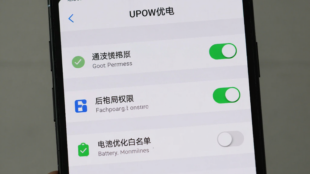 �����������ֻ���Ļ��ʾ��UPOW�ŵ硱����ҳ�棬ҳ���а���֪ͨȨ�޿��ء���̨����Ȩ�޿��ء�����Ż�������ѡ�����Ϊ�����б���ÿ���Ҳ��п��ذ�ť���Ű����������ظ��������Ϊ�ֻ�ϵͳ����дʵ�硣ϸ�ڰ�������״̬������˵����ͼ�ꡣ���ʸ��壬�ɾ����޶���Ԫ�ء�
