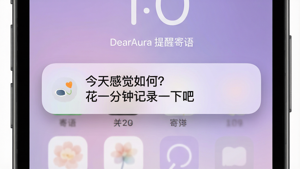 一张展示 DearAura 提醒通知与寄语功能的场景图,画面为手机锁屏界面,屏幕中央弹出一条通知卡片,卡片上写着“今天感觉如何?花一分钟记录一下吧”,背景是淡紫色渐变壁纸,布局简洁,风格温馨柔和,细节上通知卡片有圆角和轻微投影,画质高清,干净无多余元素