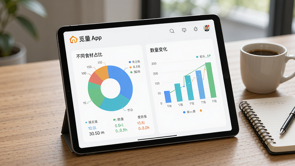 ƽ�������Ļչʾ����APP�Ŀ��ͳ��ҳ�棬�Ա�ͼ����״ͼ��ʽ���ֲ�ͬʳ�ĵ�ռ�Ⱥ������仯��ͼ����ɫ���£�����һĿ��Ȼ��ƽ�������ľ�������ϣ��Ա���һ�����ȺͱʼǱ���Ӫ���Ч�칫��Χ�����ʸ��塣