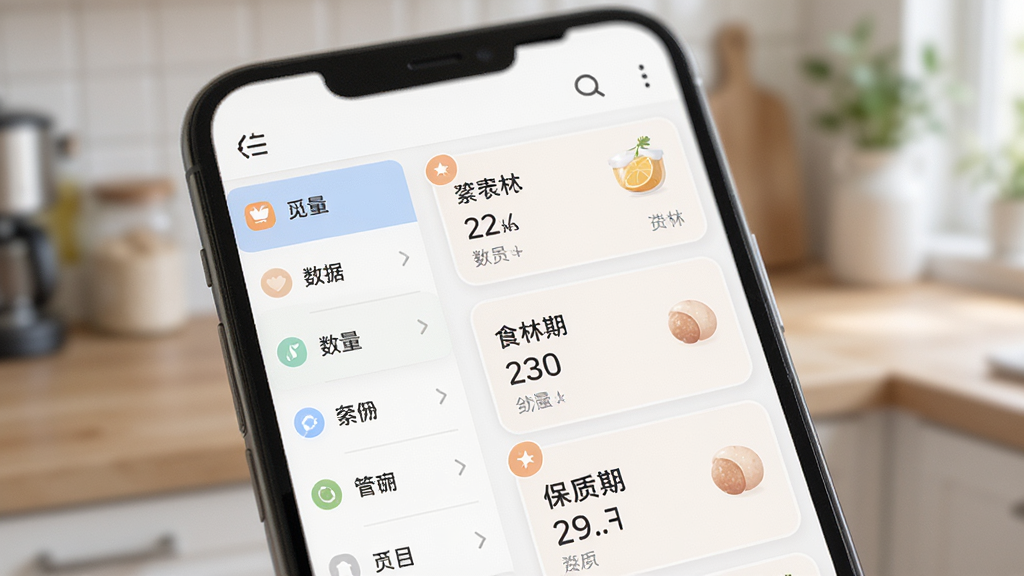 �ֻ���Ļ��д����ʾ����APP�ķ���������棬���Ϊ�����б����Ҳ�Ϊ��Ӧʳ�Ŀ�Ƭ����Ƭ�ϱ�ע���ơ������������ڵ���Ϣ������ɫ����ͣ�ͼ�꾫�¡������黯��ͻ���ֻ���Ļ���ݣ���������������ִ���Լ��