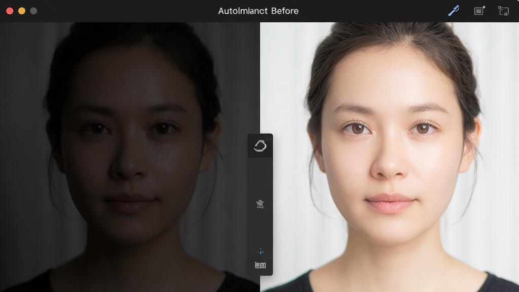 一张表现PhotoImpression照片修饰功能的图片,主体为一张人物肖像照片在软件中经过自动增强前后的对比效果,布局为左右分屏展示,左侧原图偏暗,右侧处理后明亮清晰,排版居中,风格为写实摄影与软件界面结合,细节包括软件工具栏中的魔术棒图标、人物面部皮肤质感细腻,画质高清,干净,无多余元素