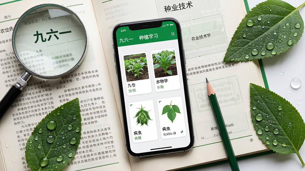 一部手机平放在翻开的农业技术手册上,手机屏幕显示九六一软件的技术学习页面,页面中有作物卡片和病虫害图鉴,手机周围摆放着放大镜、铅笔和几片带露珠的作物叶片,布局为俯视平铺构图,风格为知识科普风,细节包括手册纸张的印刷纹理、叶片上的水珠和放大镜的金属边框,画面中文字显示“九六一”和“种植技术”,画质为高清,干净整洁,无多余元素