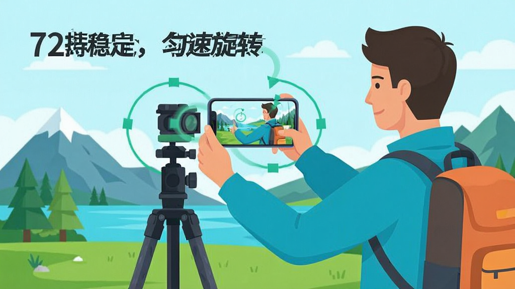 一张展示720全景视界拍摄注意事项的示意图,画面中一个人站在三脚架旁,手持手机正在拍摄风景,旁边有文字标注“保持稳定,匀速旋转”,风格扁平化插画,色彩明快,细节清晰,画质干净