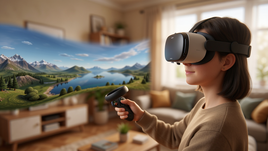 一张展示720全景视界VR模式体验的图片,画面中一个人戴着VR眼镜,手持手柄,正沉浸在虚拟的全景风景中,背景是模糊的室内环境,风格温馨,细节丰富,画质4K,干净无多余元素