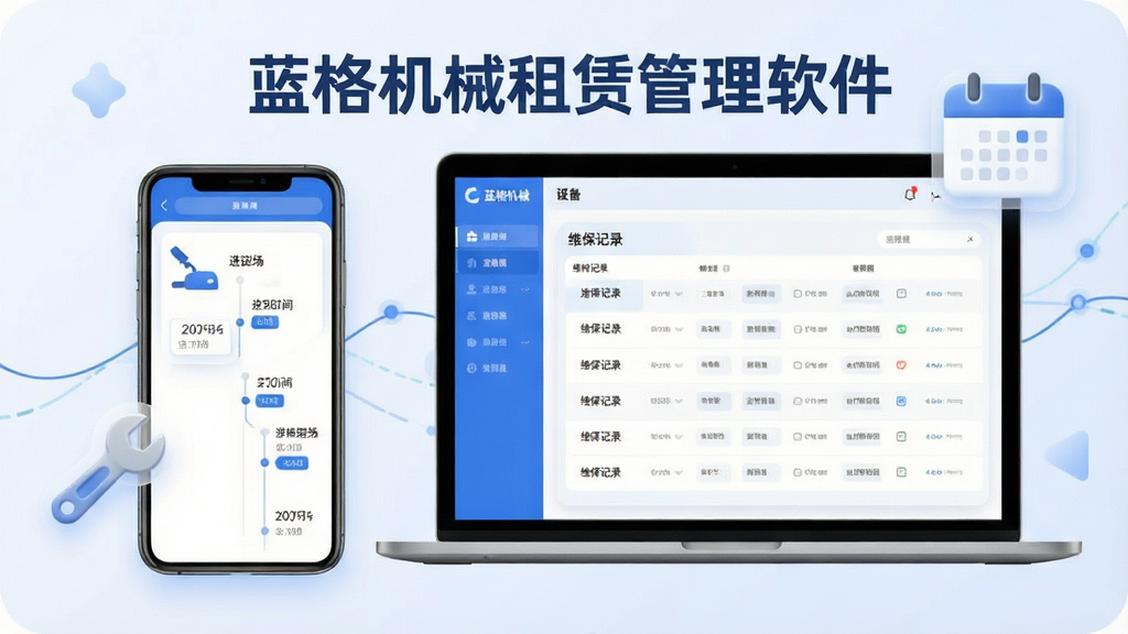 一张展示蓝格机械租赁管理软件进退场与维保记录功能的图片,画面为手机和电脑双端展示,屏幕上呈现设备进退场时间轴和维保记录列表,有扳手和日历图标装饰,风格为柔和圆角科技风,细节清晰,画质干净,画面中标注文字“蓝格机械租赁管理软件”