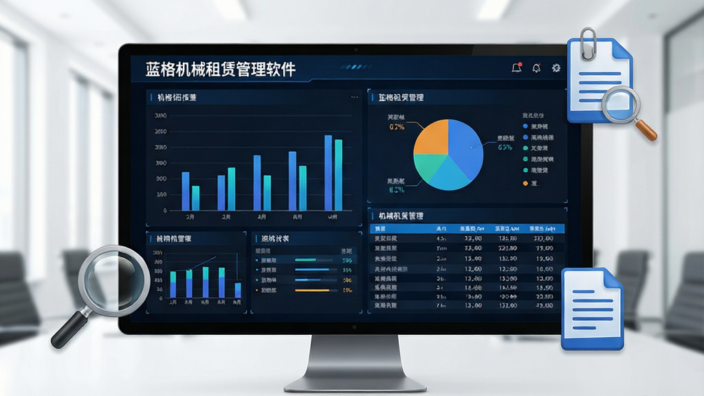 一张展示蓝格机械租赁管理软件数据统计报表的图片,画面为一块大屏幕显示器,屏幕上显示柱状图、饼图和数据表格,有放大镜和文档图标作为点缀,布局为左右分栏,风格为深色科技商务风,细节丰富,画质干净,画面中标注文字“蓝格机械租赁管理软件”