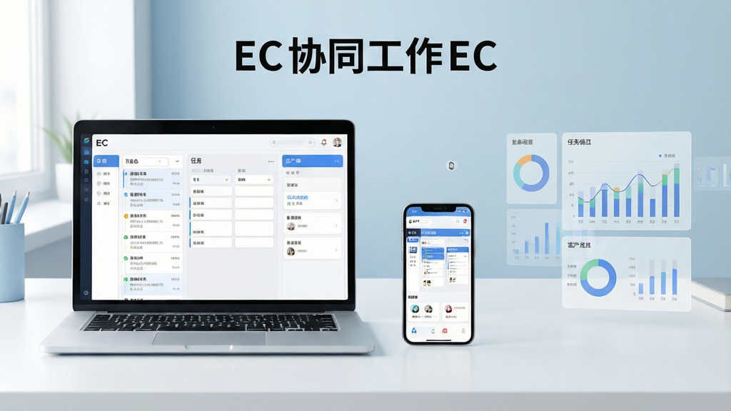 ��������EC������������һ̨�򿪵ıʼǱ�������һ�������ֻ����ŷ�������İ칫�����ϣ�������Ļͬʱ��ʾECЭͬ����̨���棬������Ϣ�б������񿴰�Ϳͻ����Ͽ�Ƭ�����ֲ��þ��жԳƹ�ͼ���Ϸ����������������������Ű����������Ϊ�豸��ϣ��Ҳ�Ϊ��͸������ͼ��װ�Ρ����Ϊ�ִ������Լ�磬ϸ�ڰ����ɾ����桢�����Ȼ�⡢ǳ�����ɫ��ɫ�������ʸ��壬�ɾ����޶���Ԫ�ء�