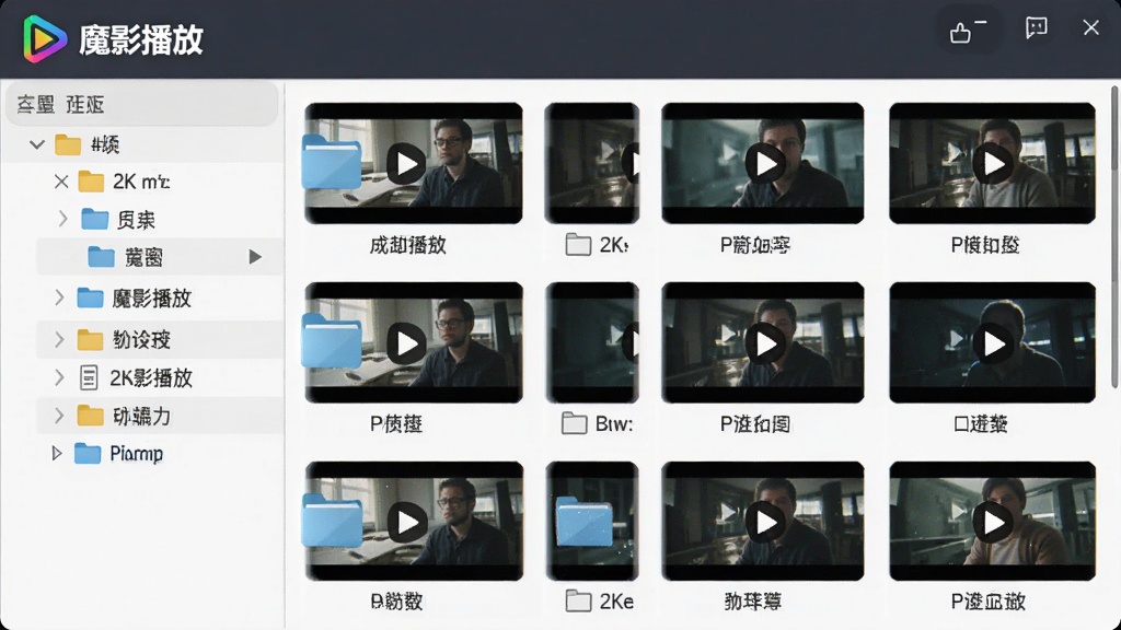 画面中是一个视频文件管理界面,左侧是文件夹树,右侧是视频缩略图网格,每个缩略图下方显示文件名。界面顶部有“魔影播放”的Logo。布局为左右分栏,风格为扁平化设计,细节包括缩略图预览和文件夹图标,画质为2K清晰,干净无多余元素。