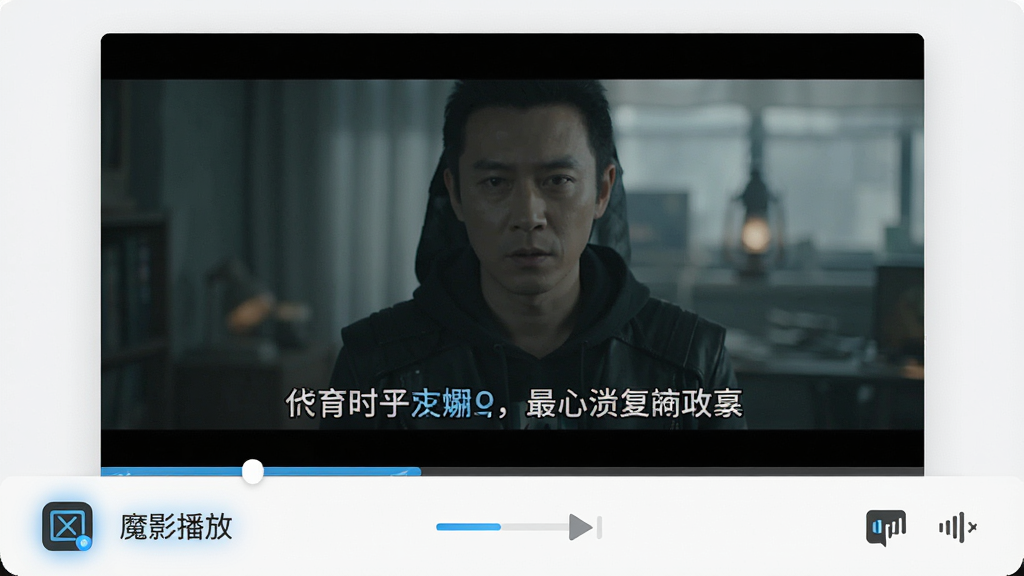 画面展示一个视频播放窗口,下方显示着“魔影播放”的控制栏,控制栏上有字幕图标和音轨图标。窗口内视频画面下方显示着清晰的中文字幕。布局为上下结构,风格为简洁现代UI,细节包括字幕文字和图标高亮效果,画质为1080P高清,干净无多余元素。