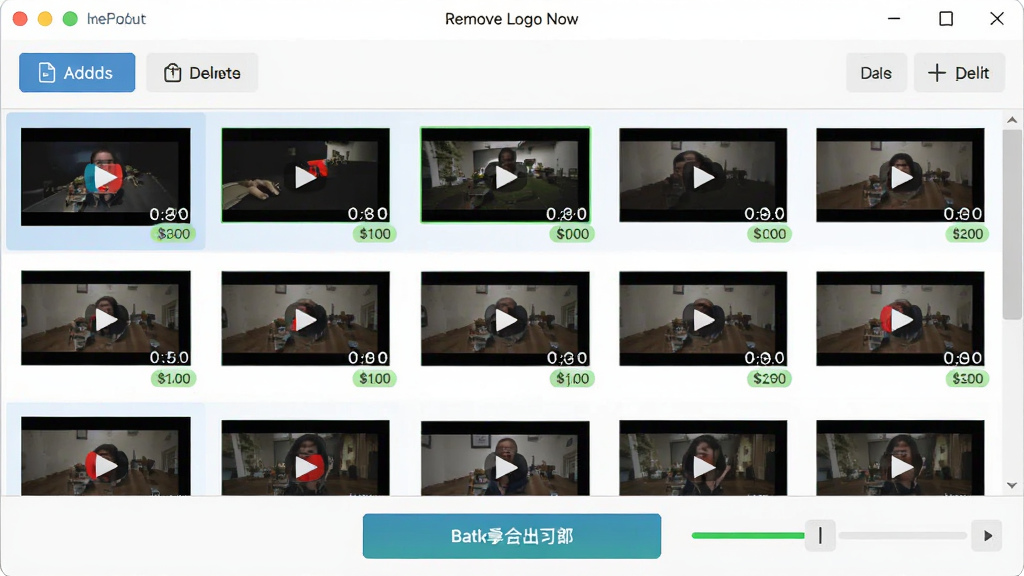 Remove Logo Now �����������ܽ��棬����չʾ�����Ƶ�ļ��б���ÿ���ļ���������ͼ��״̬��ʶ���ײ�Ϊ����������ť�����Ϊ�������ܽ�ͼ��ϸ�ڰ����ļ����Ӱ�ť��ɾ����ť��������ʾ�����ʸ��壬�ɾ����޶���Ԫ��
