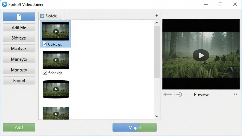 һ��չʾ Boilsoft Video Joiner ���������ͼƬ������Ϊ���������ڣ������������ļ��б��������Ϊ���ܰ�ť���Ҳ�ΪԤ�����ڣ��Ű������������Ϊ�ִ����������ͼ���ϸ�ڰ�����Ƶ����ͼ�������ļ���ť���ϲ���ť�������������ɾ����޶���Ԫ��