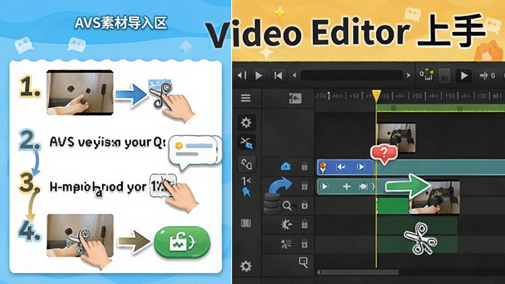 ����ΪAVS Video Editor���ֲ�������ʾ��ͼ������Ϊ���ҷ������Ϊ�زĵ������Ҳ�Ϊʱ���߱༭�����Ű���ò��������У����Ϊ������ѧ�磬ϸ�ڰ��������ק��ͷ������ͼ�ꡢ������ť����ʾ���ݣ����������ɾ��������б�ע���֡�AVS Video Editor ���֡�