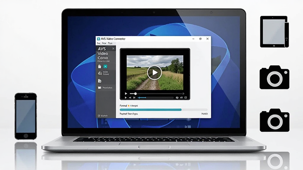 һ̨�ִ����ıʼǱ����Է���������������ϣ���Ļ����ʾ AVS Video Converter �������棬������������Ƶ�ļ�����ͼ�͸�ʽת������������Ļ�Ա߰ڷ����ֻ���ƽ�塢������豸ͼ�꣬���岼��Ϊ���������ͼ�����Ϊ�Ƽ���Լ�磬ϸ�ڰ����������ڵ���Ӱ�ͷ���Ч��������Ϊ����4K���ɾ��޶���Ԫ��