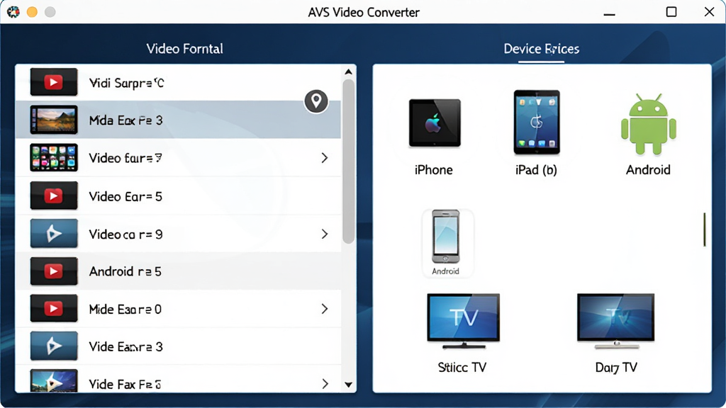 AVS Video Converter ����������д����Ļ��չʾ�豸Ԥ��ѡ����壬�������Ƶ��ʽ�б����Ҳ��� iPhone��iPad��Android �ֻ������ܵ��ӵ��豸ͼ�꣬��ɫ��Ϊ����ɫ���ɫ���䣬����Ϊ���й�ͼ�����Ϊרҵ��������չʾ��ϸ�ڰ���ͼ��ĸ߹�����Ӱ�������������ɾ��޶���Ԫ��