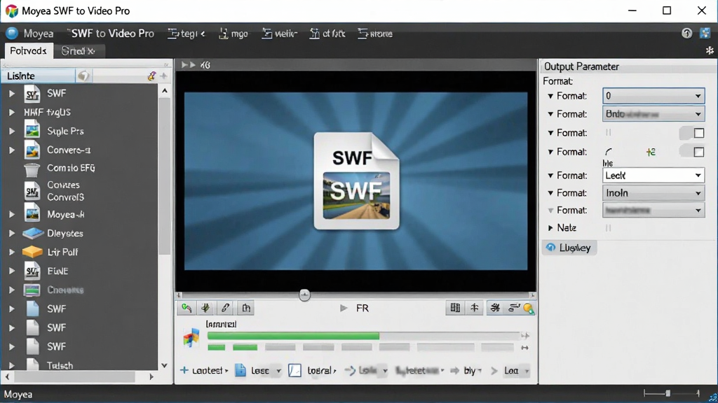 һ��չʾ Moyea SWF to Video Pro ���������ͼƬ������Ϊ������Ļ�ϵ������������ڣ��������Ϊ�ļ��б������м�Ϊ��ƵԤ�����ڣ��Ҳ�Ϊ�������������壬�Ű��������򣬷��Ϊ�ִ��Ƽ��У�ϸ�ڰ��� SWF �ļ�ͼ�ꡢת������������ʽѡ�������˵���������������ʾ����