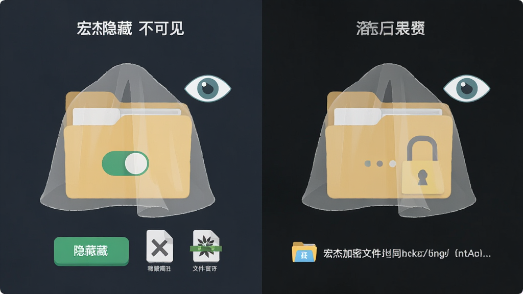 宏杰加密文件隐藏功能展示图,画面中一个文件夹被半透明斗篷遮盖,旁边有眼睛图标表示不可见,布局为左右对比展示隐藏前后效果,排版直观,风格为轻量级扁平插画,细节包括隐藏开关按钮、伪装格式图标、文件夹路径文字,画质高清,干净,无多余元素