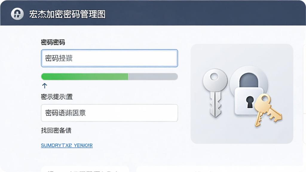 宏杰加密密码管理界面示意图,画面展示密码输入框与密码提示设置区域,旁边有钥匙图标与安全锁标识,布局为表单式排版,风格为简洁商务UI,细节包括密码强度指示条、提示语输入框、找回密码链接,画质高清,干净,无多余元素