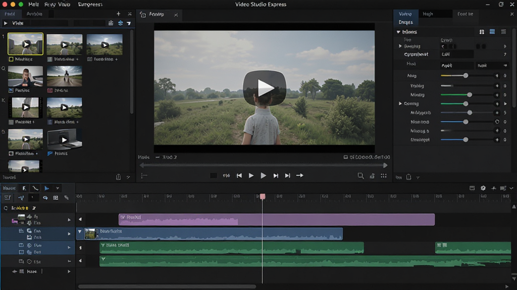 Video Studio Express ����������ȫòչʾ����������ƵԤ�����ڣ��·�Ϊʱ�����������Ϊ�زĿ���壬�Ҳ�Ϊ���Ե����������岼����������ɫ���⣬����ɾ������廭�ʣ��޶���Ԫ��