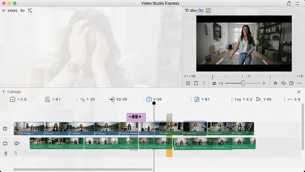 Video Studio Express ʱ����������棬�����Ƶ�ز������ڹ���ϣ�Ƭ��֮����ת��ͼ�꣬Ԥ��������ʾ���ڲ��ŵĻ��棬���������ִ������廭�ʣ��ɾ��Ű�