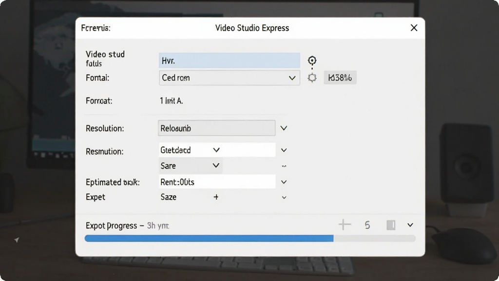 Video Studio Express �������ô��ڣ���ʾ��ʽѡ�񡢷ֱ���ѡ�Ԥ���ļ���С�͵��������������沼�ֹ�����ǳɫ���⣬���廭�ʣ��޶���Ԫ��