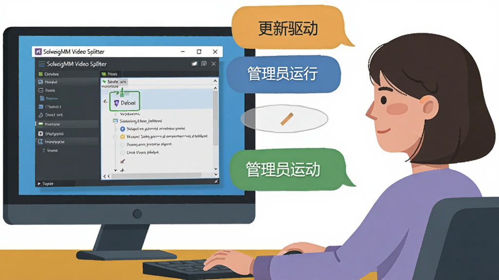 һλ�û����ڵ���ǰ����Ļ����ʾSolveigMM Video Splitter�������棬�Ա�����ʾ������ʾ��������������������Ա���С��ȹؼ��ʣ�����ƽ���廭��ɫ�������������������ɾ��޶���Ԫ��